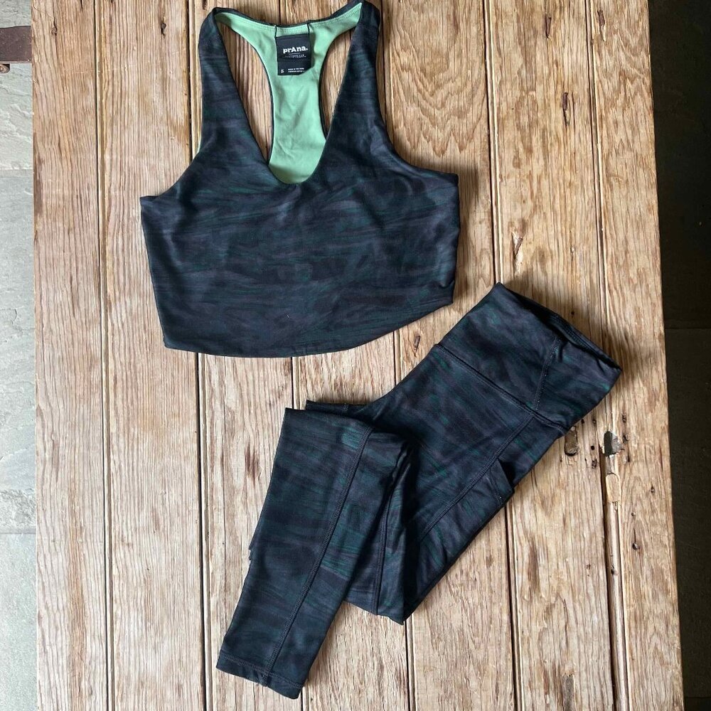 prAna Travertine Leggings & Sports Bra Women’s Small Green Blue Camo